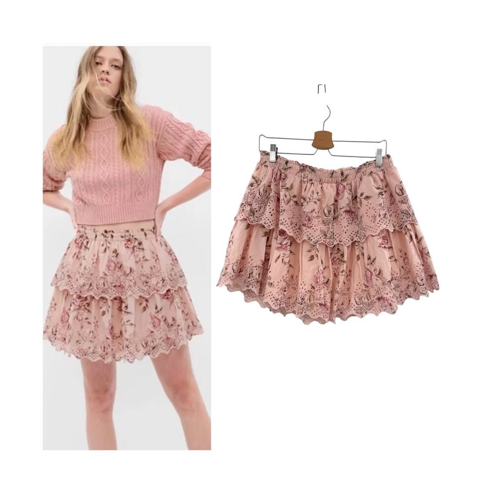 Gap x LoveShackFancy Pink Floral Eyelet Ruffle Mini Skirt Cottagecore Size Large